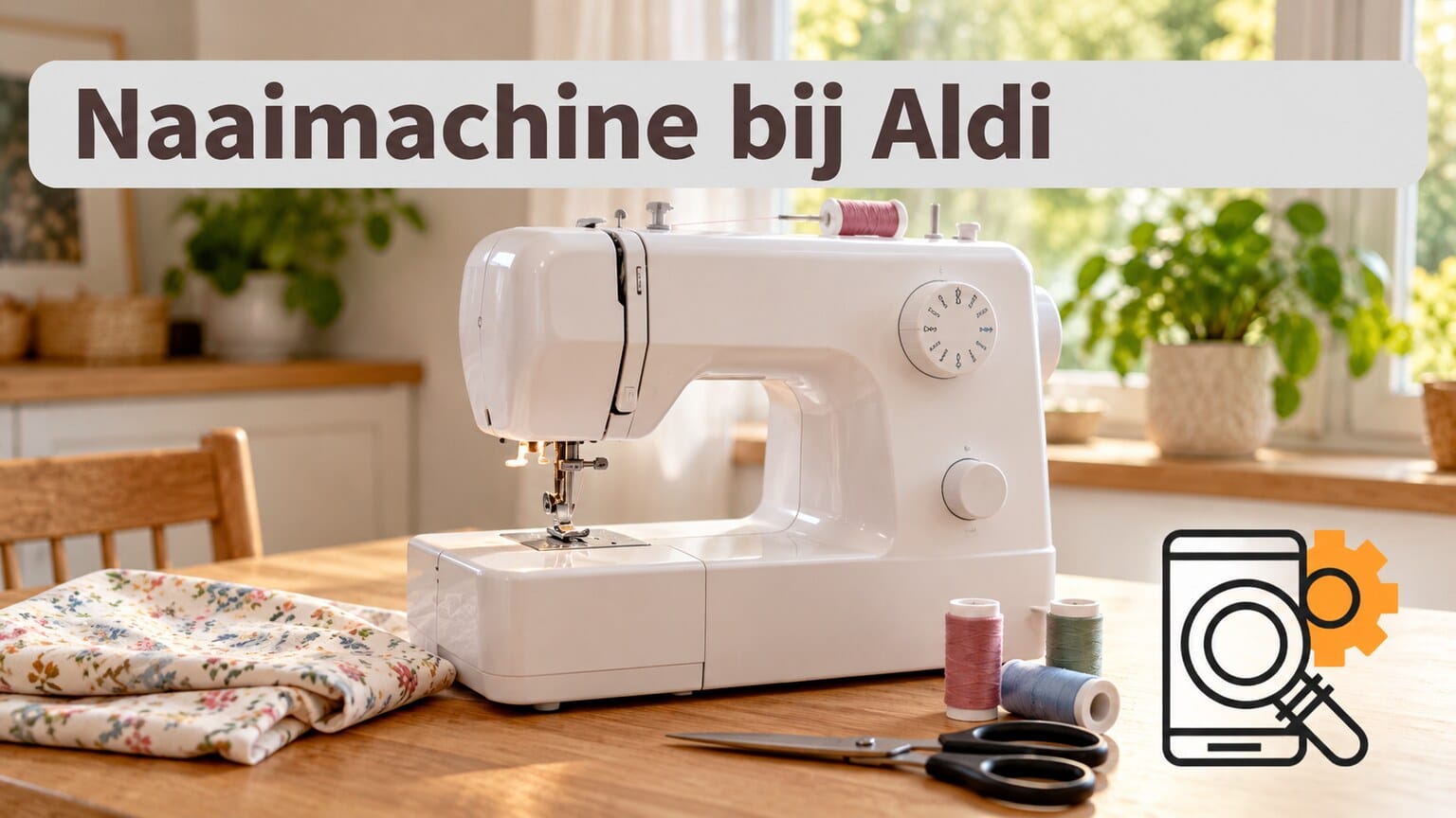 Illustratieve naaimachine met garen en stof, geen specifiek Aldi-model.