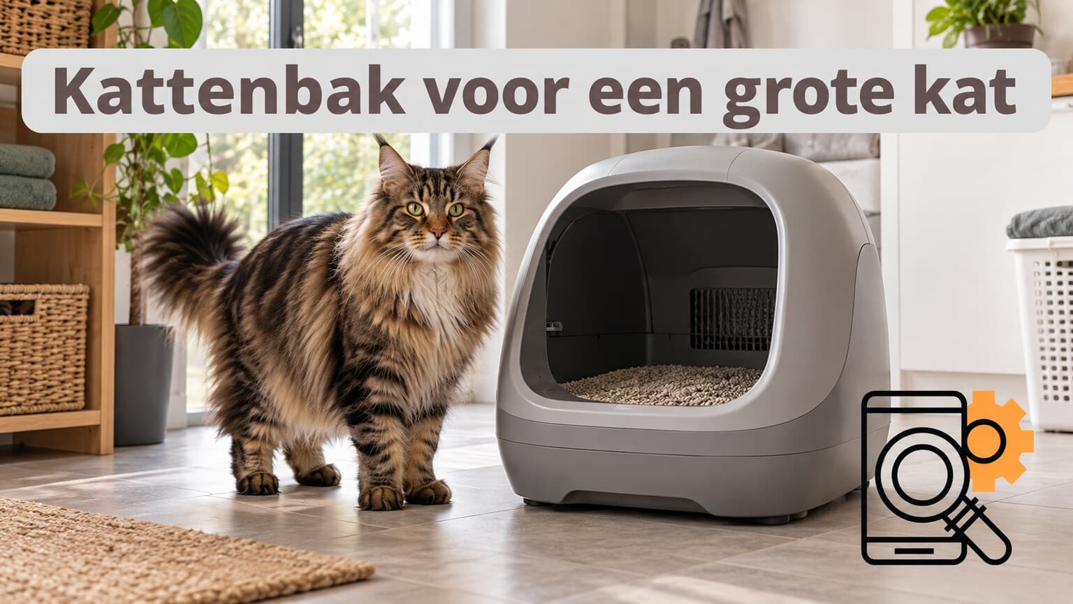 Illustratieve automatische kattenbak met een grote Maine Coon ernaast.