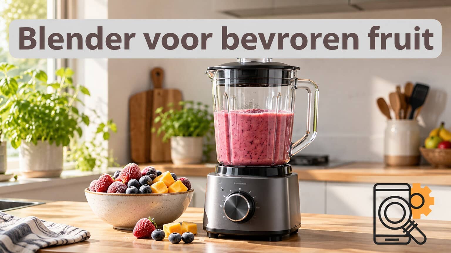 Illustratieve blender naast een schaaltje bevroren fruit.