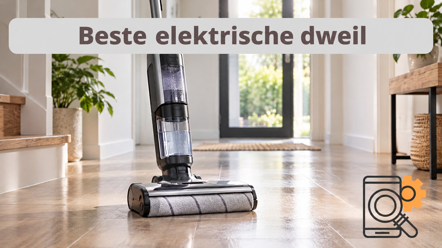 Illustratieve elektrische dweil met watertanks op een harde vloer.