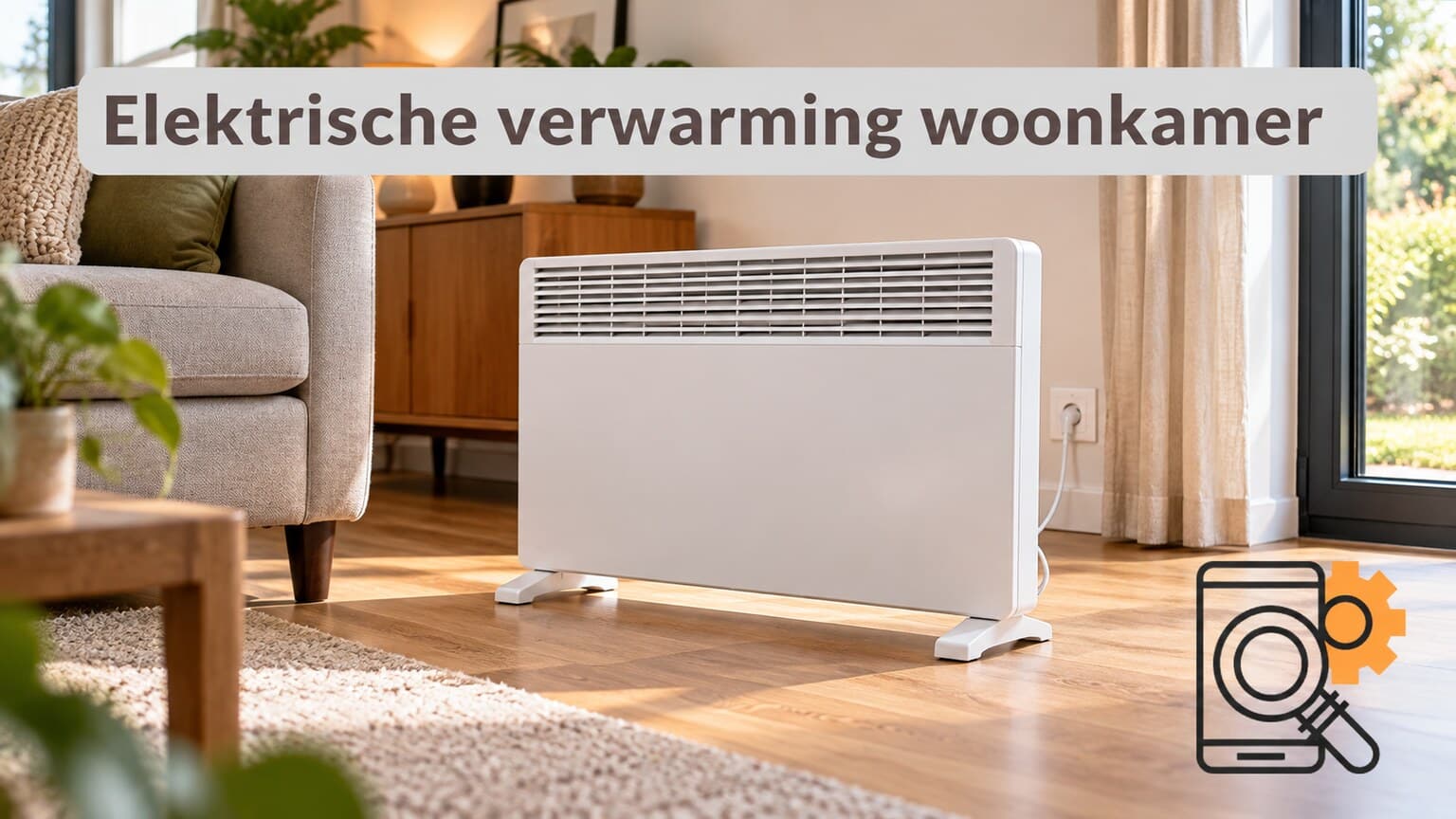 Illustratieve vrijstaande elektrische verwarming in een woonkamer.