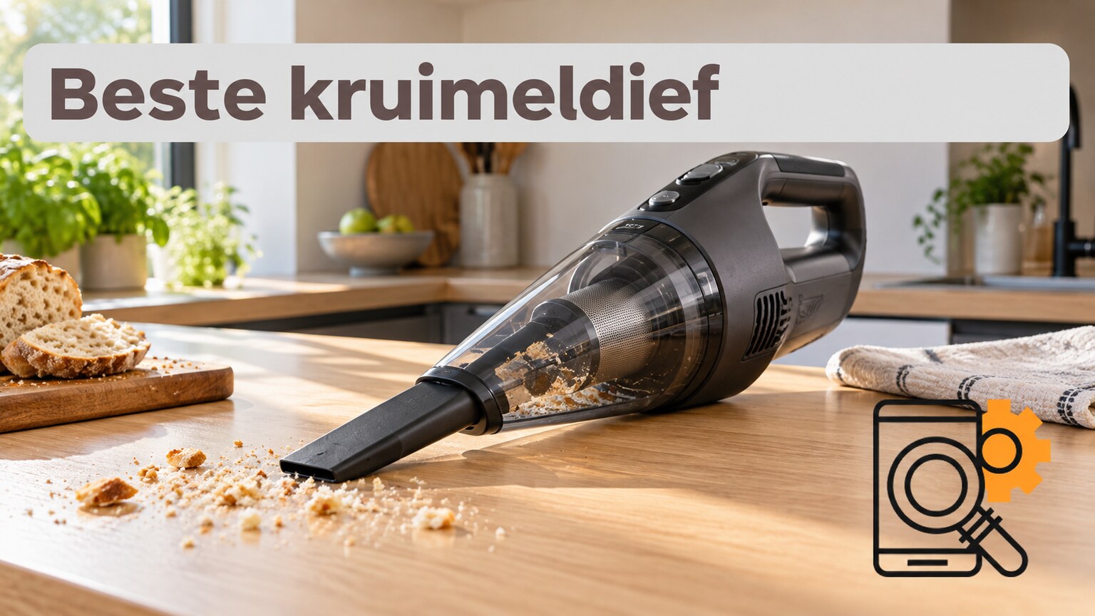 Illustratieve kruimeldief op een aanrecht met enkele broodkruimels.