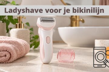 Illustratieve ladyshave met opzetkam op een badkamermeubel.