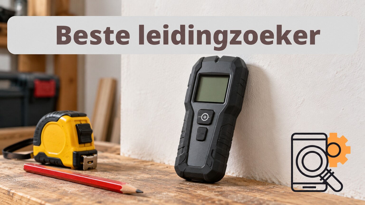 Illustratieve leidingzoeker met potlood en meetlint bij een muur.