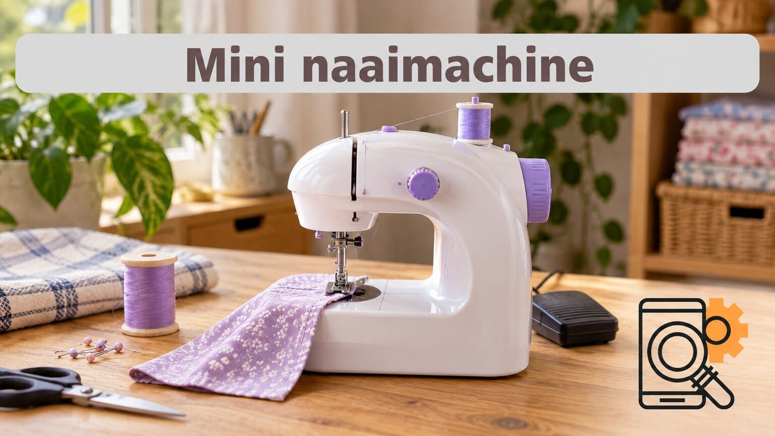 Illustratieve mini-naaimachine met voetpedaal en een lap stof.