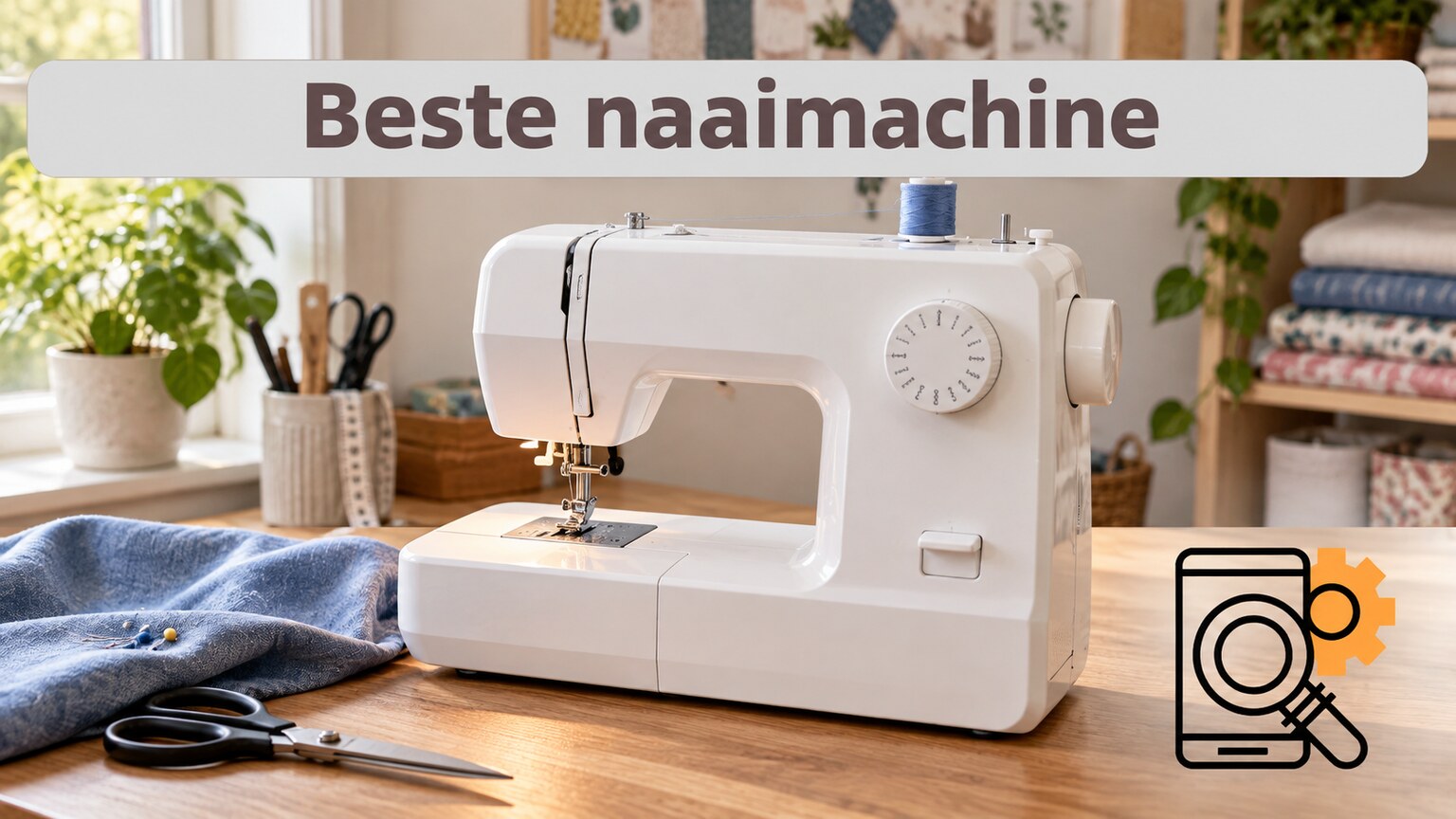 Illustratieve naaimachine op een werktafel met stof en naaigerei.