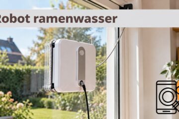 Illustratieve robotramenwasser op een raam met aangesloten veiligheidskoord.