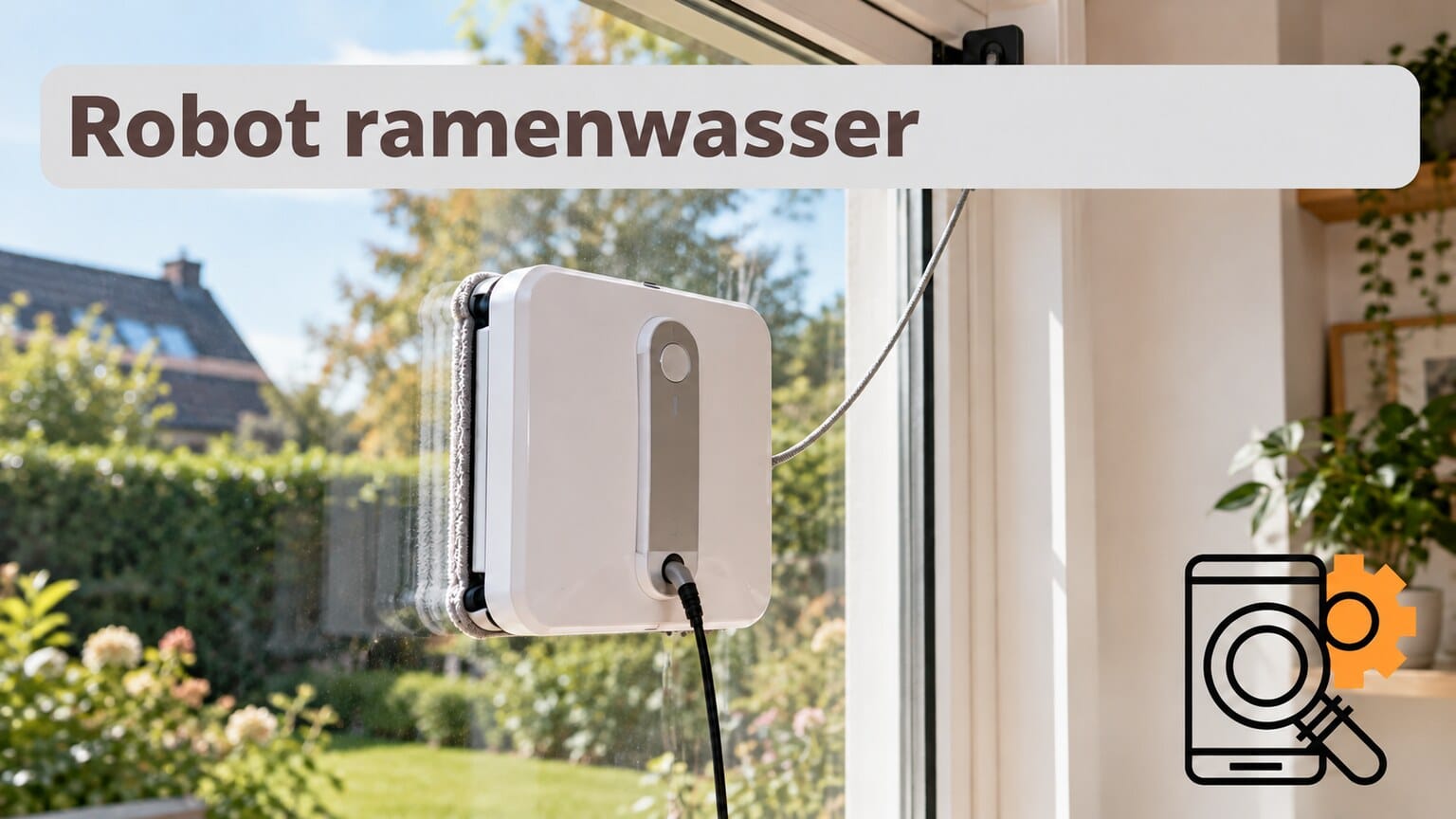 Illustratieve robotramenwasser op een raam met aangesloten veiligheidskoord.