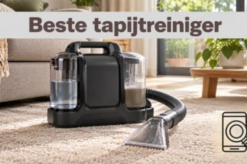 Illustratieve tapijtreiniger met slang en zuigmond op een vloerkleed.