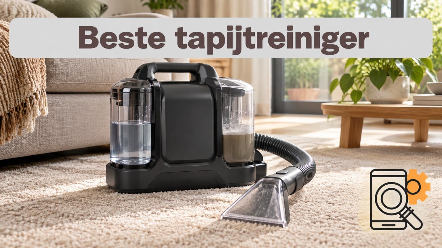Illustratieve tapijtreiniger met slang en zuigmond op een vloerkleed.