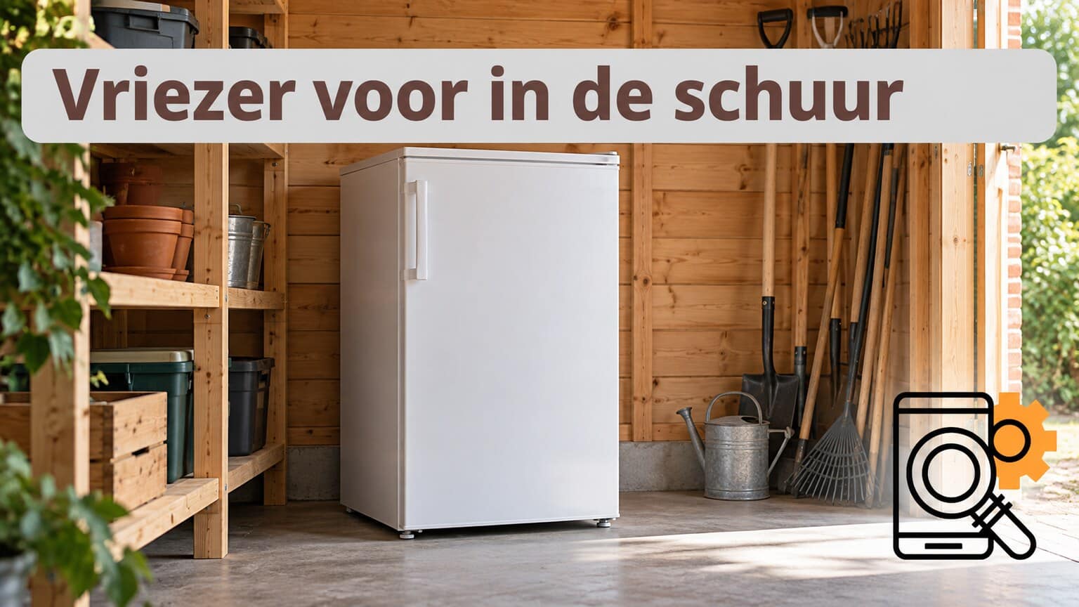 Illustratieve witte vriezer in een droge, opgeruimde schuur.