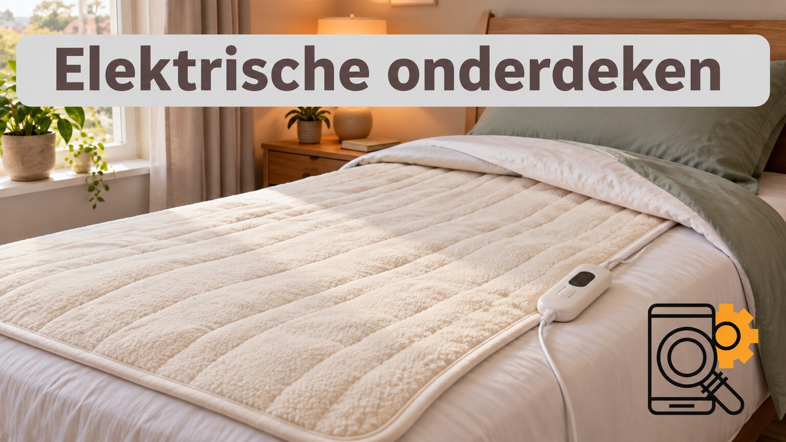 Illustratieve elektrische onderdeken die vlak op een eenpersoonsbed ligt.