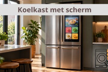 Illustratieve koelkast met een geïntegreerd scherm in een lichte keuken.