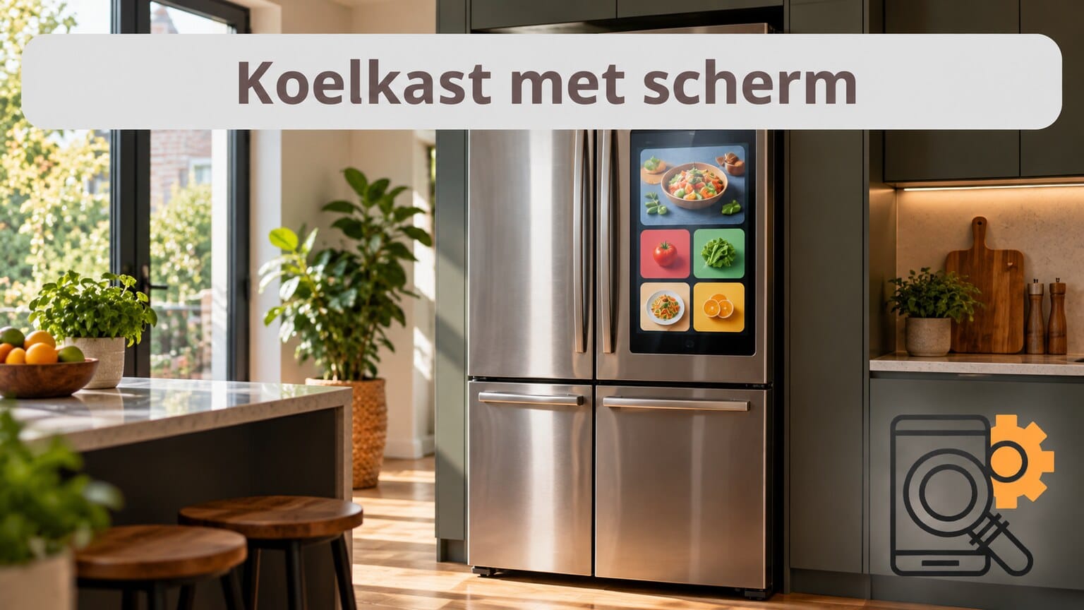 Illustratieve koelkast met een geïntegreerd scherm in een lichte keuken.