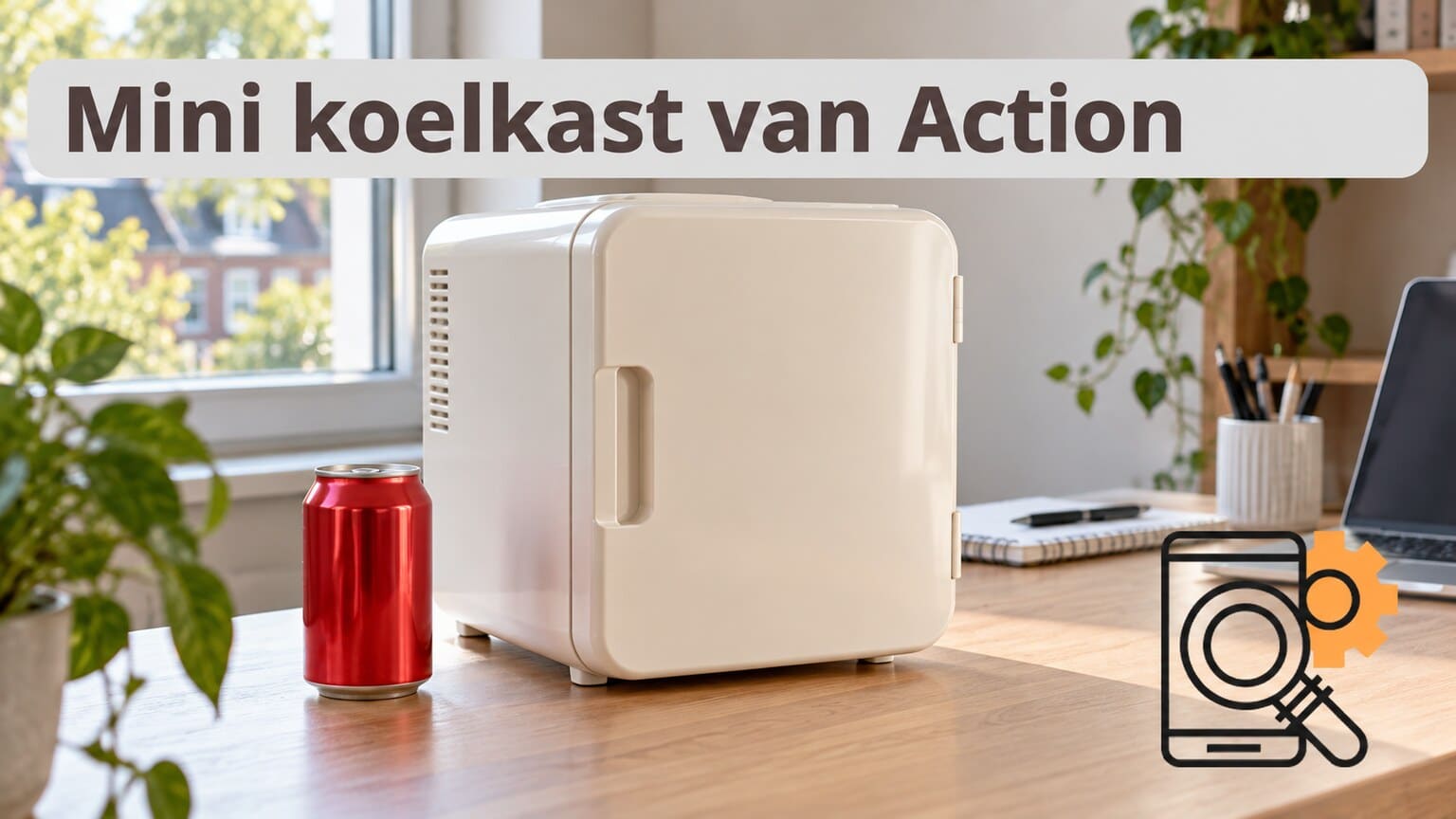 Illustratieve compacte mini-koeler op een bureau, geen specifiek Action-model.