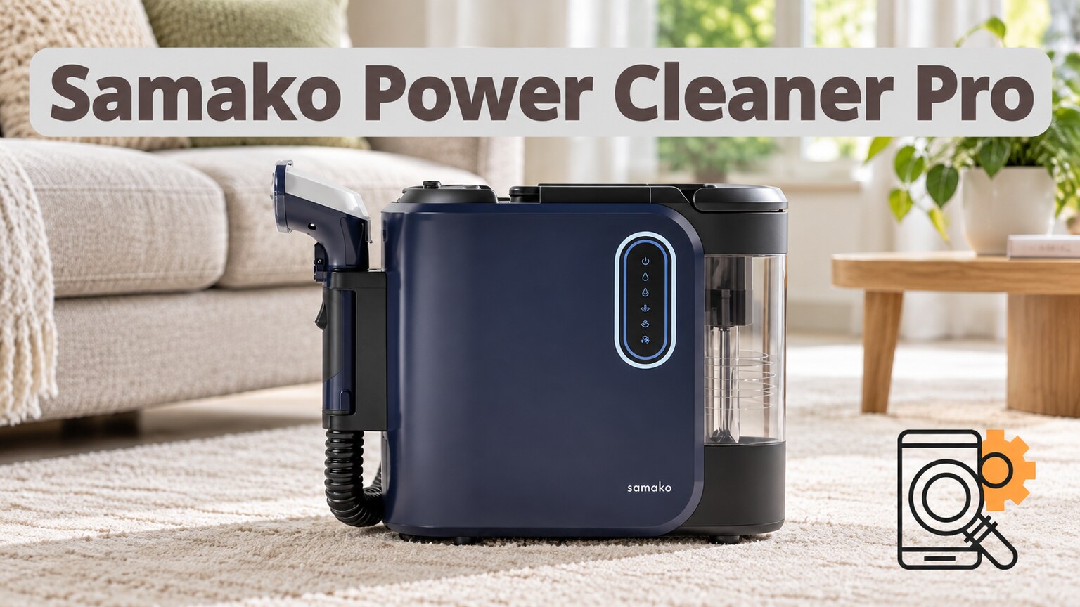 Samako Power Cleaner Pro afgebeeld in een gegenereerde woonkameromgeving.