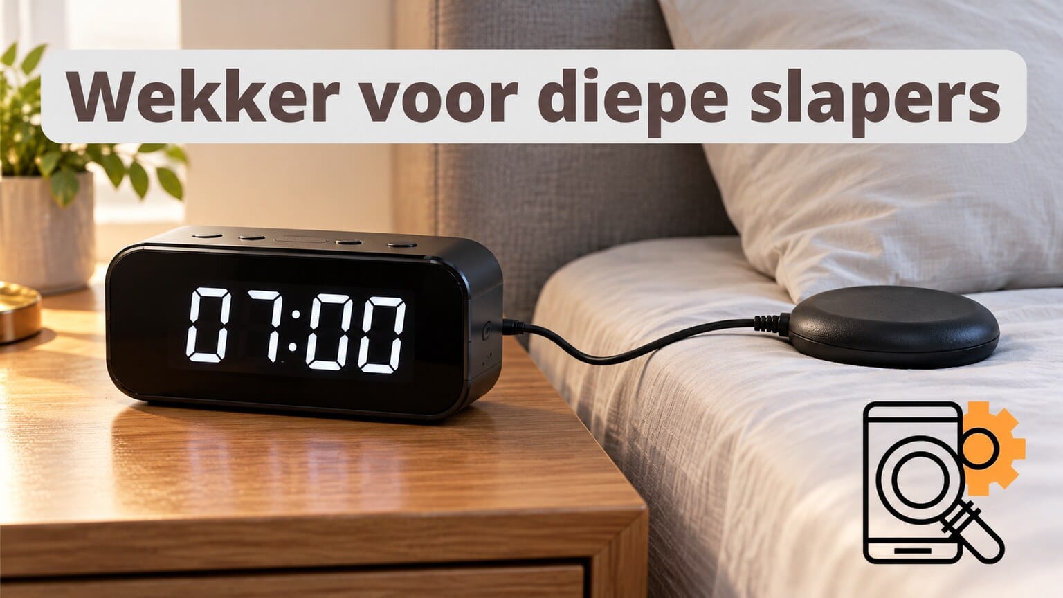 Illustratieve wekker met een aangesloten trilkussen naast een bed.