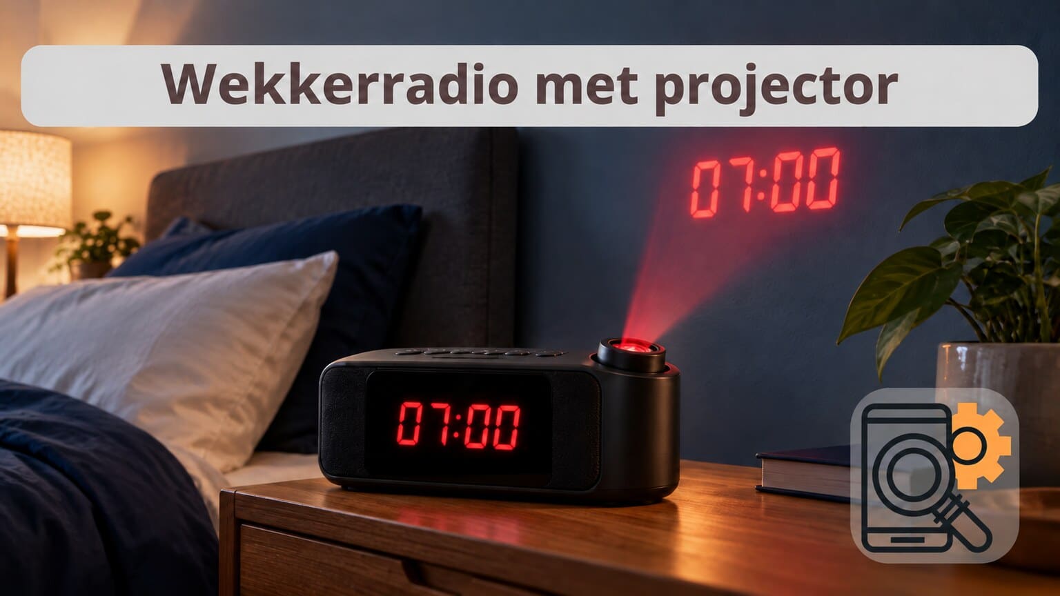 Illustratieve wekkerradio die de tijd op een slaapkamerwand projecteert.
